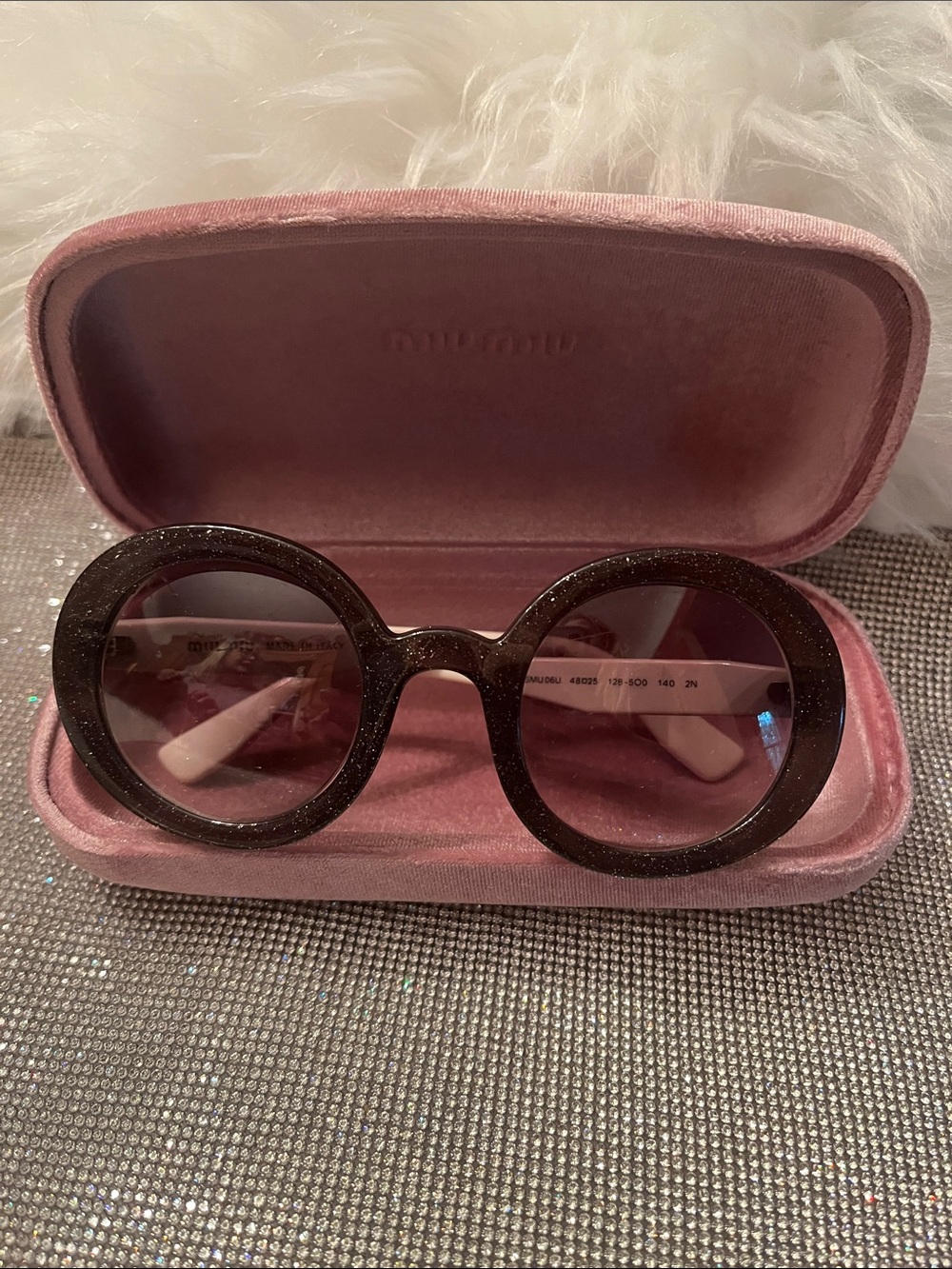 Miu Miu Black Glitter Round Sunglasses with Pink Velvet Case